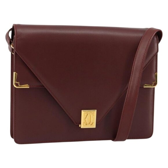 Authentic CARTIER Must Line Shoulder Bag Leather Bordeaux Gold